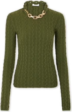 Paco Rabanne Khaki Wollen Trui met Kettingdetail - Dames - Coltruien - Groen - M - Wol - Truien & Vesten