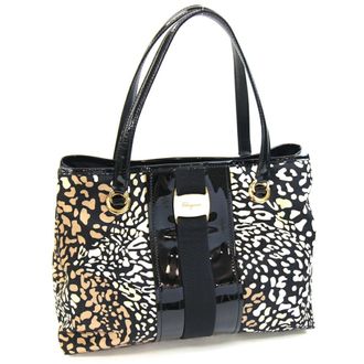 Ferragamo Beige Black Nylon Leather Tote Bag (Pre-Owned)