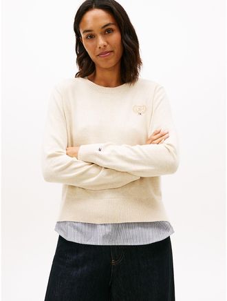 Tommy Hilfiger Womens Layered-Look Crest Logo Sweater - Beige - XL