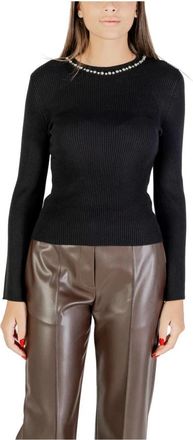 Only Schitterende Rhinestone Longsleeve Gebreide Top - Dames - Ronde hals truien - Zwart - S - Nylon - Truien & Vesten