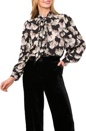 Ted Baker Floral Tie Neck Button-Up Shirt in Rich Black at Nordstrom, Size X-Small