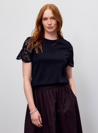 Contemporaine Womens Organic cotton crocheted sleeve T-shirt