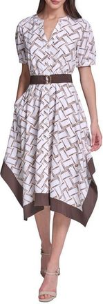 Karl Lagerfeld Hanky Hem Crepe Midi Shirtdress in Soft White/hummus Multi at Nordstrom, Size 16