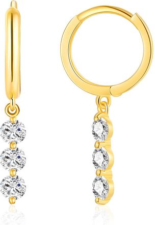 MAX + STONE 10K Yellow Gold Cubic Zirconia Huggie Hoop Earrings with Triple Dangle