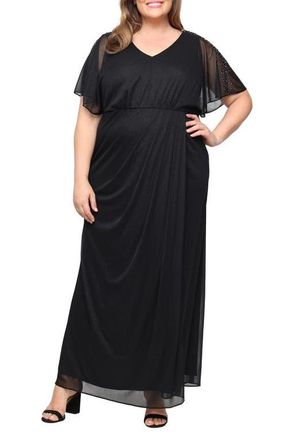 S.L. Fashions Glitter Mesh Maxi Dress in Black at Nordstrom, Size 18W