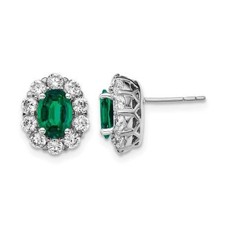 Diamond2Deal 14k White Gold 1 1/5 Ct Lab Grown Diamond and Oval Created Emerald Halo Stud Earrings