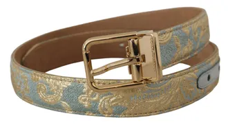 Dolce & Gabbana Womens Blue Leather Jacquard Embossed Gold Metal Buckle Belt Light Canvas