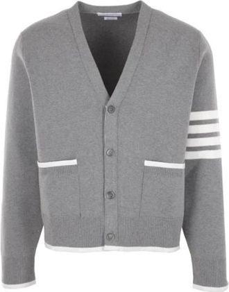 Thom Browne Grijze Katoenen Cardigan met 4bar Detail - Heren - Vesten - Grijs - 2XL - Katoen - Truien & Vesten