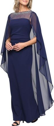 Alex Evenings Stretch Crepe & Chiffon Cape Gown in Navy at Nordstrom, Size 18