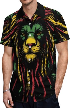 Generic Reggae Rasta Lion Weed Leaves Mens Long Sleeve Button Up Shirts Hawaiian Printed Beach Shirt Casual Tops L