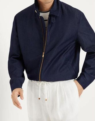 Brunello Cucinelli Navy Wool Linen Zip Jacket, Brand Size 54 (US Size 44)