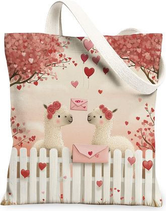 Generic Valentines Day Alpaca Canvas Tote Bag for Shopping 13x15, Farmhouse Country Animal Couple Reusable Grocery Print Pattern Bag for Women, Lover Beach Ae