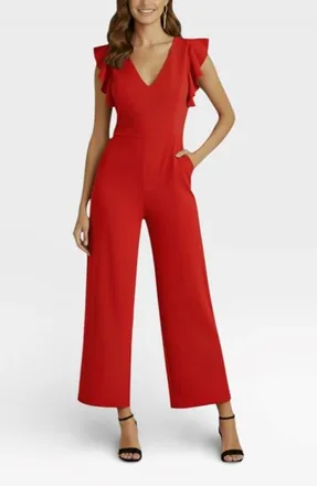 Rachel Roy Kate Ruffle Sleeve V-Neck Jumpsuit in Rio Red at Nordstrom, Size X-Large