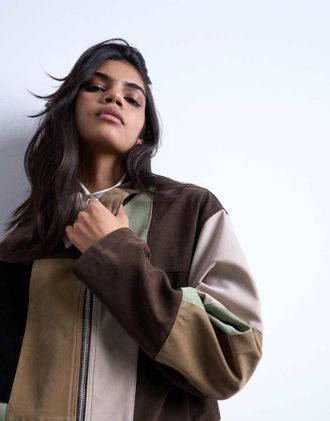 Topshop Giacca squadrata in camoscio sintetico multicolore con motivo patchwork e chiusura zip-Viola