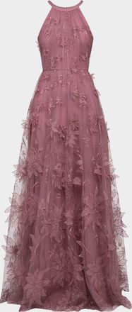 Theia Floral-Embroidered Halter Tulle Gown