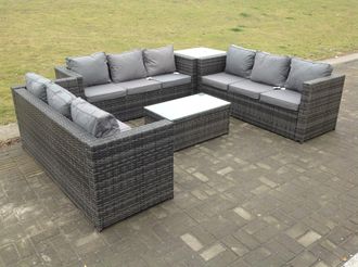 Fimous Outdoor Rattan Garden Furniture Lounge Sofa Set With Oblong Coffee Table & Side Tall High Table in Dark Grey