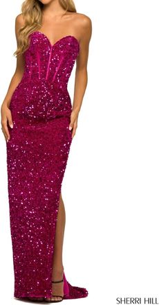Sherri Hill Side Slit Strapless Corset Sequin Dress In Fuchsia