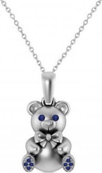 Allurez Blue Sapphire Teddy Bear Charm Pendant Necklace 14K White Gold (0.12ct)