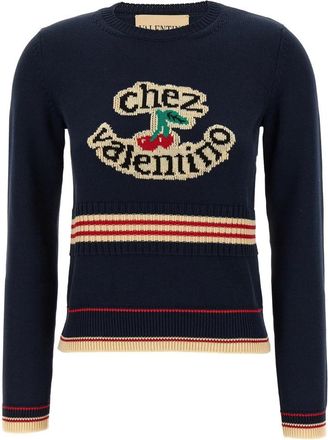 Valentino Garavani Chez Sweater - Dames - Ronde hals truien - Blauw - M - Katoen - Truien & Vesten