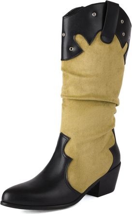Generic Womens Slouch Cowboy Boots Two-Tone Suede-Like Fabric Pointed Toe Block Heels Metal Stud Detail Pull Tab Stylish Durable Design,Green,3.5 UK