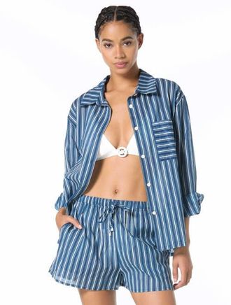 Michael Kors Marina Stripe Cover Up Shirt in River Blue at Nordstrom, Size X-Small