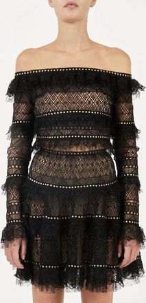 Elie Saab Macrame Long Sleeve Ruffle Top In Black