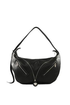 Versace Collection Curved Black Leather Shoulder Bag