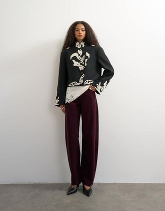 Topshop bombati a vita medio alta in velluto a coste color melanzana-Viola