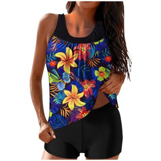 Generic Tankini for Women with Shorts UK Two Piece Vintage Floral Print Swimsuits Boyleg Tummy Control Tank Tops Shorts Sports Beach Bathing Swimwear Sets Wom