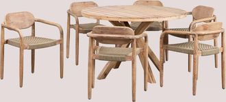 Sklum Sklum - Set de Mesa Redonda (Ø120 cm) y 6 Sillas de Comedor con Reposabrazos en Madera Naele