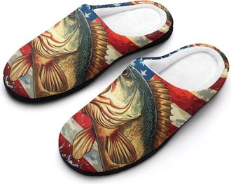 Generic USA United States Bass Fish Womens Slippers Warm House Slippers Indoor House Shoes with Anti-Skid Rubber Sole
