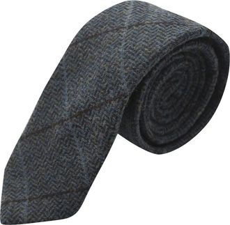 King & Priory Luxury Aegean Blue Herringbone Check Tie, Tweed