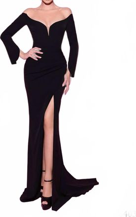 Tarik Ediz Plunging V-Neck Off Shoulder Evening Dress In Black