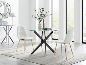 Furniturebox Novara 100cm Round Black Leg Dining Table & 2 Corona Gold Chairs in White