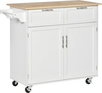 HOMCOM Modern Rolling Kitchen Island Storage Kitchen Cart Utility Trolley with Rubberwood Top - 2 Drawers - White Drawers - homcom | TJ Hughes