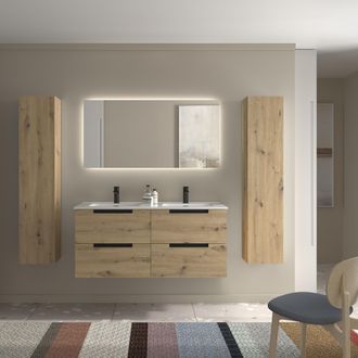Cygnus Bath Mueble De Ba&ntilde;o Leni 120cm Roble 4 Cajones Lavabo 2 Pozas Porcelana