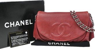 Chanel Timeless Half Moon Flap Caviar Red Leather Handbag (Pre-Owned)