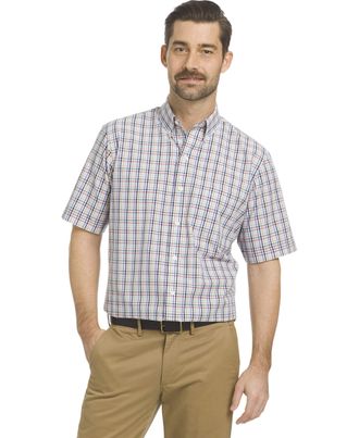 Arrow Mens Hamilton Poplins Short Sleeve Button Down Plaid Shirt, Riviera, XL