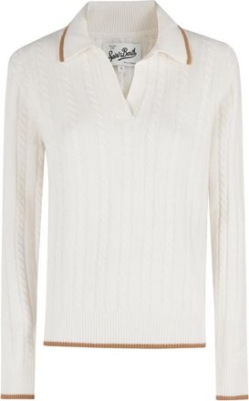 MC2 Saint Barth Lange Mouwen Braid Polo - Dames - V-hals truien - Wit - M - Truien & Vesten