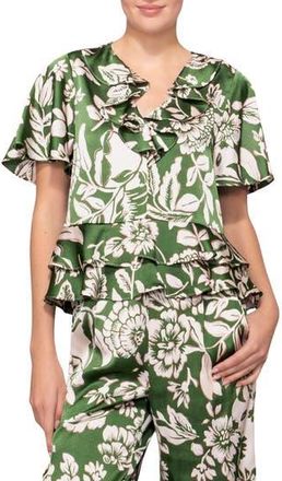 Melloday Short Sleeve Peplum Top in Green Floral at Nordstrom Rack, Size X-Small