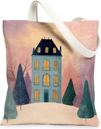 Generic Winter House Canvas Tote Bags, Vintage Home Landscape Pattern Reusable Shopping Bags, Lightweight Washable Shoulder Strap C, Blue, 13x15 Inch
