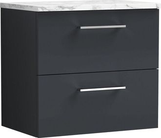 Nuie Nuie - Arno Wall Hung 2-Drawer Vanity Unit with Carrera Marble Worktop 600mm Wide - Satin Anthracite