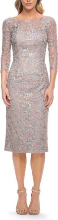 La Femme Fitted Lace Short Dress with Illusion Sleeves in Silver/mauve at Nordstrom, Size 10