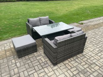 Fimous Outdoor Rattan Furniture Garden Dining Set Height Adjustable Rising lifting Table Love Sofa Set in Dark Grey