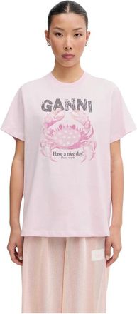 Ganni T-shirt met krabprint - Dames - T-shirts - Roze - XS - Katoen - Tops