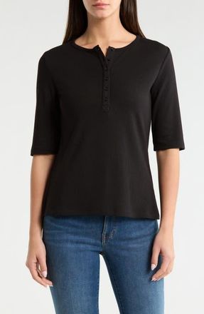NYDJ Rib Henley in Black at Nordstrom, Size Xx-Small