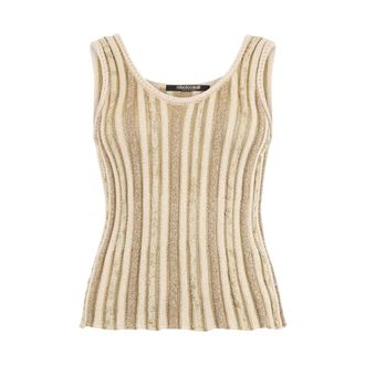 Roberto Cavalli Sleeveless Tops, female, Beige, Size: S Striped Lurex Knit Top