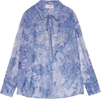 Ermanno Scervino Camicia in raso devor&eacute; con pizzo - Dames - Overhemden - Blauw - M - Denim - Overhemden