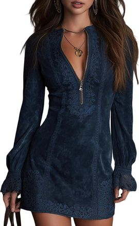 Generic Womens Lace Trim Retro Dress Faux Suede V-Neck Zip Work Dresses for Women UK Long Sleeve Solid Colour Slim Mini Skirt Hitting Above Knee Length Pencil