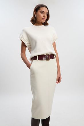 Karen Millen Womens Compact Stretch Pu Mix Belted Tailored Pencil Skirt - White - Size 14 UK